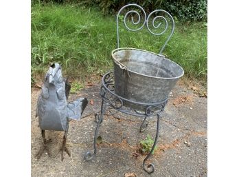 Tin Chicken With A Plant Stand And A Small Galvanized Wash Tub