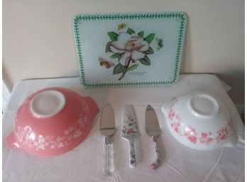 Lot Of TWO PYREX PINK & WHITE Mixing Bowls, Floral Cake Servers, Glass Butting Board.