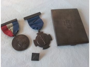 LOT OF FOUR VINTAGE ITEMS - Medals, Tie Tack, Silver-plate Cigarette Case