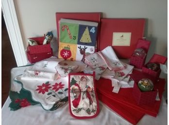Large Lot Of Christmas Items - Linens, Two Advent Calendars, HAND BLOWN ORNAMENTS, MORE!