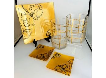 Golden Platter/Plates And 2 Gold Vases