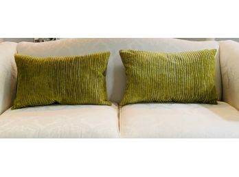 Pair Of Moss Green Velvet/Chenille Throw Pillows