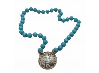 Turquoise Beaded Necklace W/ Sterling Pierced Medallion