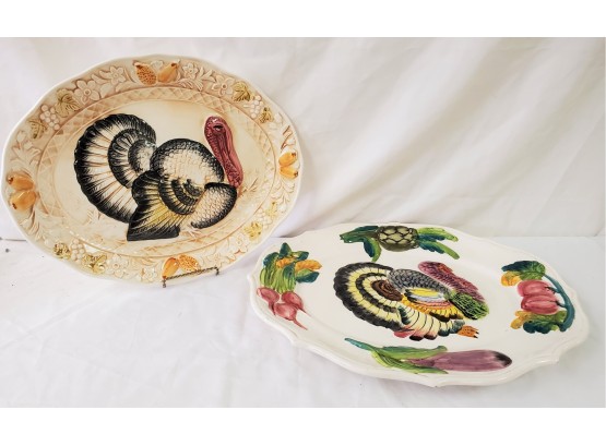 Two Painted Ceramic Embossed Turkey Platters