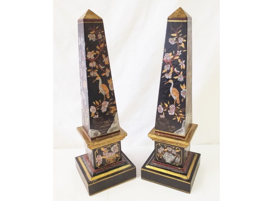 Beautiful Vintage Pair Of Asian Hand Painted Wood Decorative Obelisks