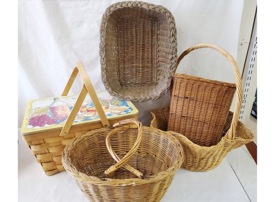 Assorted Vintage & Newer Woven Wicker Baskets Including Picnic Basket