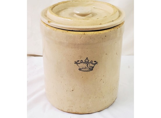 Antique 3 Gallon Robinston Ransbottom Primitive Stoneware Crock With Blue Crown/3 Stamp And Lid-USA