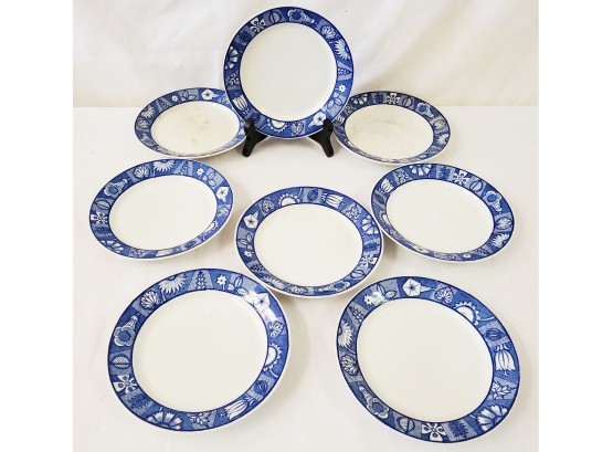 Set Of Seven Arabia Runo Porcelain 6 3/8' Plates - Cobalt Blue & White