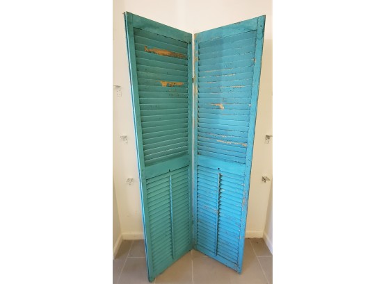 Awesome Pair Vintage Tall Turquoise Chippy Painted Wood Tall Louvered Shutters