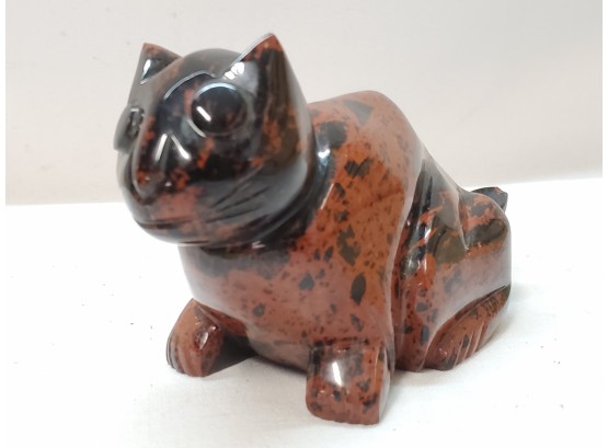 Very Cool Red Mahogany Obsidian Stone Carved Cat Figurine