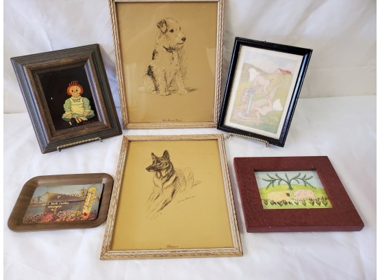 Vintage & Antique Assortment Of Small Paintings, Drawings And Wall Decor