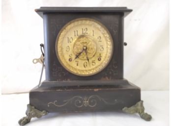 Antique E Ingraham Black Wood Mantel Clock 8-Eight Day Half-Hour Strike Cathedral Gong
