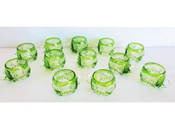 Beautiful Set Of Twelve Vintage Bohemian Green Cut To Clear Punch Cups