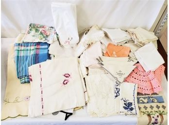 Large Vintage Assorted Tableclothes, Napkins, Needlepoint Wall Art, Curtains & Babies Embroidered Duvet