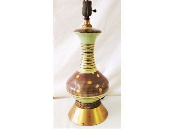 Fantastic Mid Century Modern Brown, Green & Gold Polka Dot Painted Ceramic Table Lamp