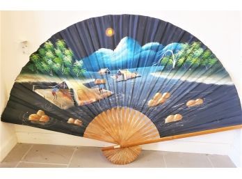 Very Large Vintage Oriental Fabric & Bamboo Painted Decorative Fan