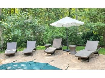 TWO Frontgate Balencia Bronze Faux Wicker Side Tables & Market Umbrella W/stand (CHAIRS NOT INCLUDED)