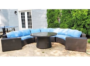 Top Quality Frontgate Pasadena II Modular Seating & Table In Bronze Finish, All-weather Wicker, Blue Cushions