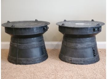 Pair Of Pottery Barn Frog Rain-Drum Accent Table - Cast Aluminum