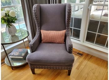 Beautiful Lillian August Fine Couture Slate Grey Upholstered Wing Chair W/Orange Down Accent Pillow