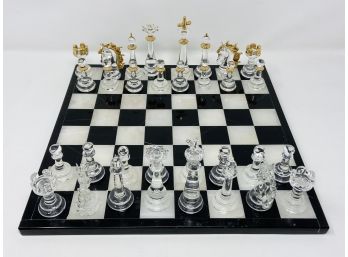 Stunning Marble Chessboard With Glass/gold Chess Pieces