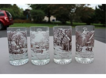 Vintage Currier & Ives Winter Themed Glass Mugs W/ Handles