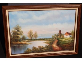 Superb Original Oil Windmill By The Water. Signed Large