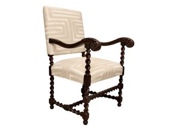 Vintage Carved Wood Barley Chair With Geometric Shaped Fabric