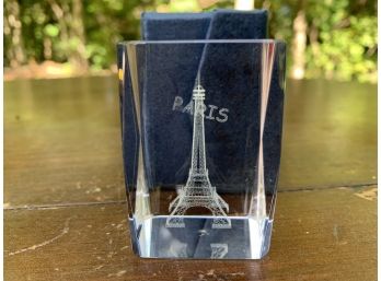 Eiffel Tower, Paris France Crystal Souvenir. Crystal Cube Approx. 3' Tall With The Eiffel Tower Etched Inside.