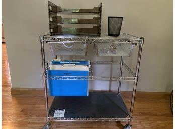 Chrome Rolling Metal File Cart  With Drawers And Locking Wheels. Plastic Stackable Letter Tray & Mesh Pen Cup