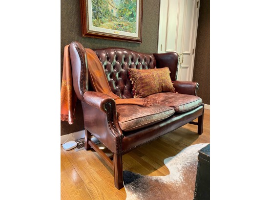 English Georgian Style Leather Tufted Chesterfield Wingback Sette