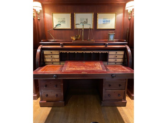 19thC  Handsome Cylinder Writing Desk In Mahogany & Yew Wood
