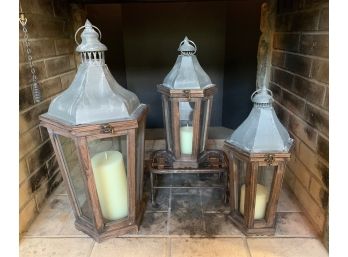 Set Of 3 Wood & Zinc Finish Lanterns W/ Mini Stand