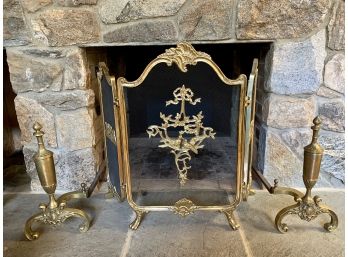 Decorative Brass Fireplace Screen +  Pair Of Brass Andirons