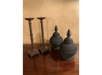 Pair Handmade Iron Candle Holders + Tin Lanterns