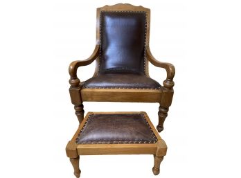 Leather Plantation Chair & Ottoman W Nail Head Detailing