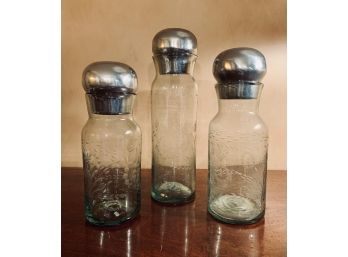 Set Of 3 Tall Etched Glass Apothecary Jars