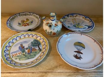 Henriot Quimper Hand Painted Vase, Set Of 4 French Painted  Plates