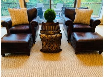 Pair Bradington Young Leather Side Chair & Ottomans