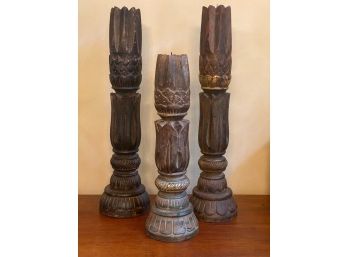 Set Of 3 Carved Wood Candle Holders