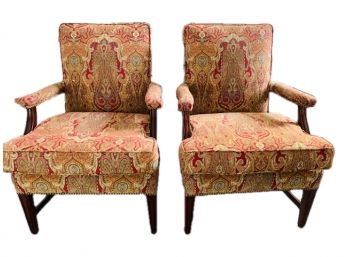 PR Of Paisley Upholstered Side Chairs W Brass Nail Head Detailing