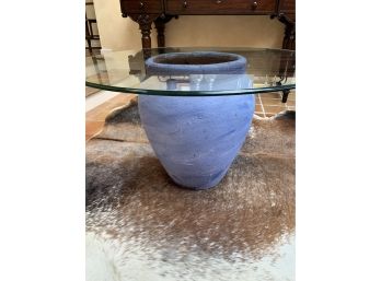 French Blue Pottery Urn W/ Glass Table Top