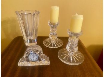 Orrefors Vase, Ferrycarrig Irish Candlesticks, Waterford Clock