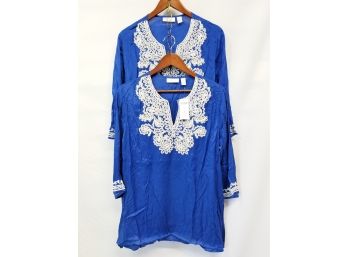 2 Chico's Blue With White Embroidery Peasant Tunic Tops Size 12