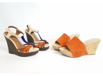 Two Pairs Of Orange & Tan Wedge Chunk Heel Sandals; Nine West, Charlotte Russe Size 8 & 8 1/2