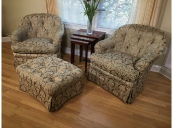 Fabulous Pair Of Club Chairs With One Ottoman - Green / Beige Damask Fabric  - PERFECT CONDITION
