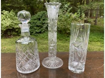 Vintage Cut Crystal Decanter And 2 Fluted Vases