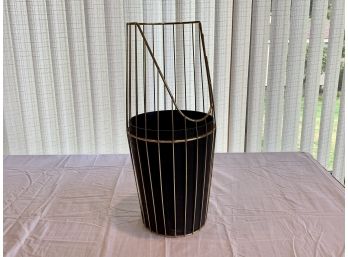 Mid Century Modern Atomic Black Gold Metal Cage Wastebasket By Beacon