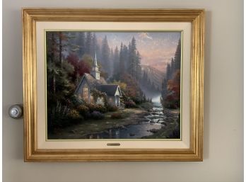 Thomas Kinkade “The Forest Chapel” Painting - Frame Light Included But Not Pictured