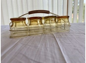 Vintage Mid Century Modern 8 Glass Drink Caddy With Wooden Handle & Glasses